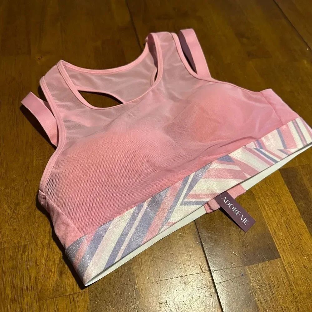 New Adore Me Micah Contour Sport Bra 34 A Pink Mesh Overlay Racer Back Wireless